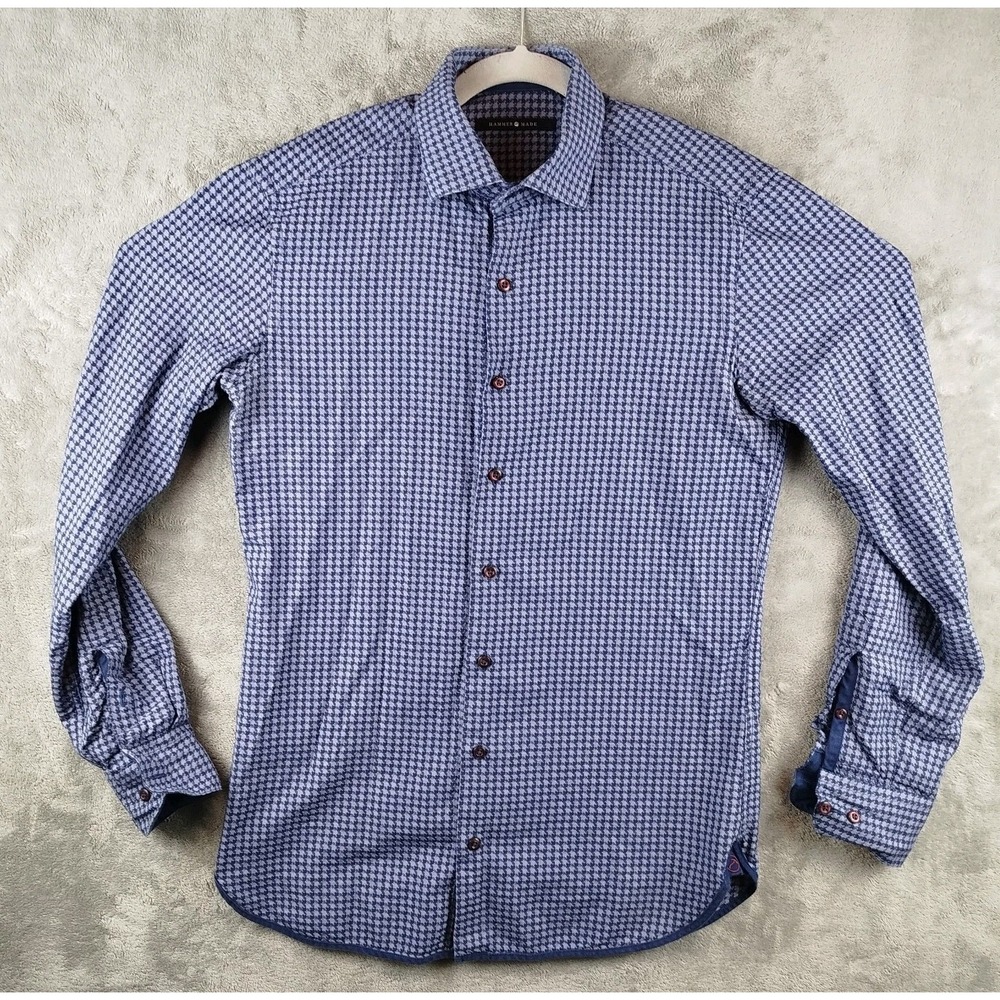 Hammer Made Dress Slim Shirt Mens 15.5‎ / 3* Blue White Houndstooth Button Up